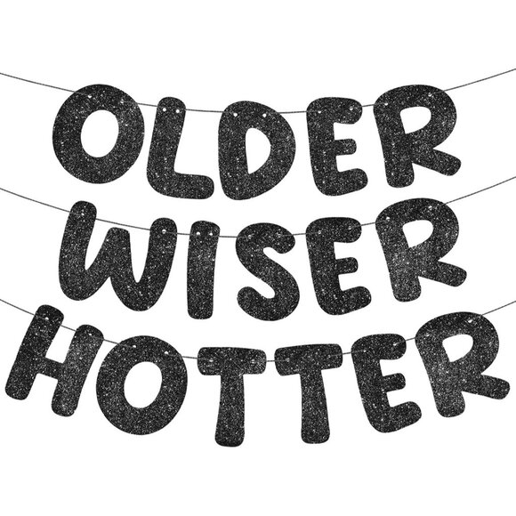 Older Wiser Hotter Glitter Banner Funny Birthday Banner Decorations (Black) - Picture 1 of 7